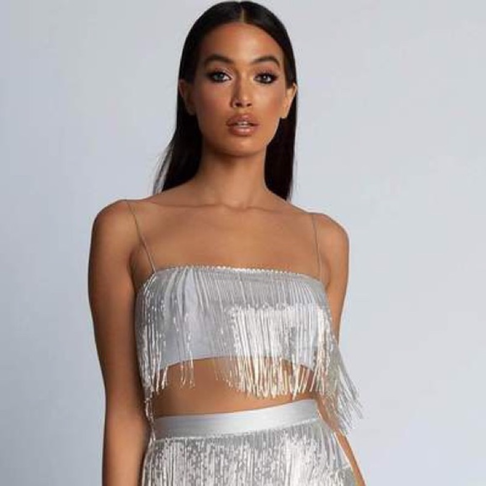 NWT Silver MESHKI Sofia Beaded Fringe Crop Top XS